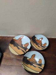 Vintage Table top Navajo hand painted 1 plate 2 bowls mountains hills sun