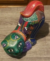 Mexico Green Kitty Cat Stretching Folk Art Clay Pottery Hand Painted Handmade
