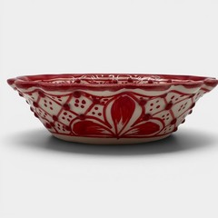 Vintage AIBA Mexico Red Hand Painted Pottery Bowl Scalloped Floral 5.25”