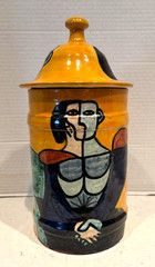 VTG. ART STUDIO ‘PICASSO STYLE” LIDDED JAR, SIGNED HECHOEN POST MODERN 12″