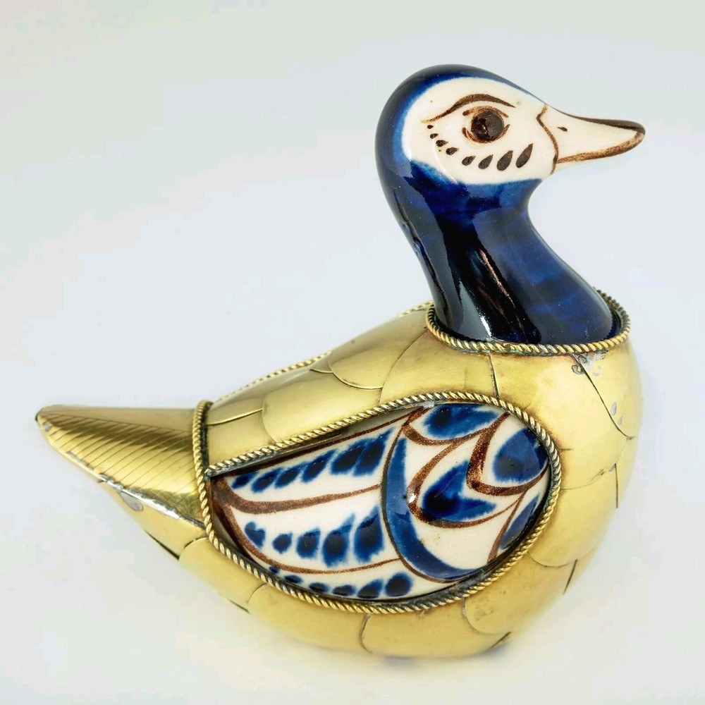Duck Figurine VTG from Tonala Mexico Ceramic and Brass 4 Inches Tall Good Cond.