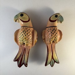 Pair Vintage Parrot Handpainted 5”Figures Signed Mexico Peach Blue Green Coral