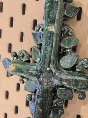 Vintage Mexican Milagros Cross Crucifix Michoacan Green Glazed Folk Art Rare 12″