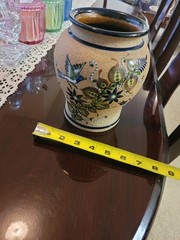 Tonala Stoneware Pottery Vase Bird Floral Design Mexico Hand Painted Signed