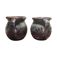 Set of 2 Black Pottery Coffee Mugs Handmade Mexico Talavera Style Folk Art Cups