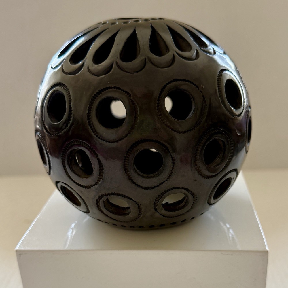 Oaxaca Mexico Hand Carved Pierced Black Clay Luminary Candle Holder About 5 x 5