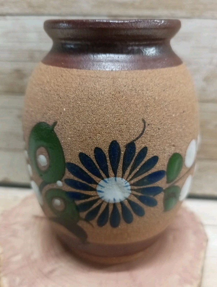 Mexican Pottery Mini Vase Floral Blue Green White Sand 4″