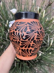 Mexican Talavera Art Pottery flower Vase Hand Painted black