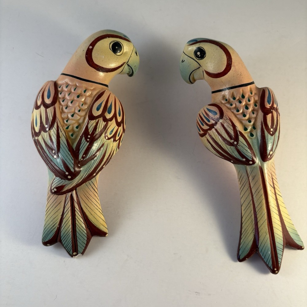 Pair Vintage Parrot Handpainted 5”Figures Signed Mexico Peach Blue Green Coral