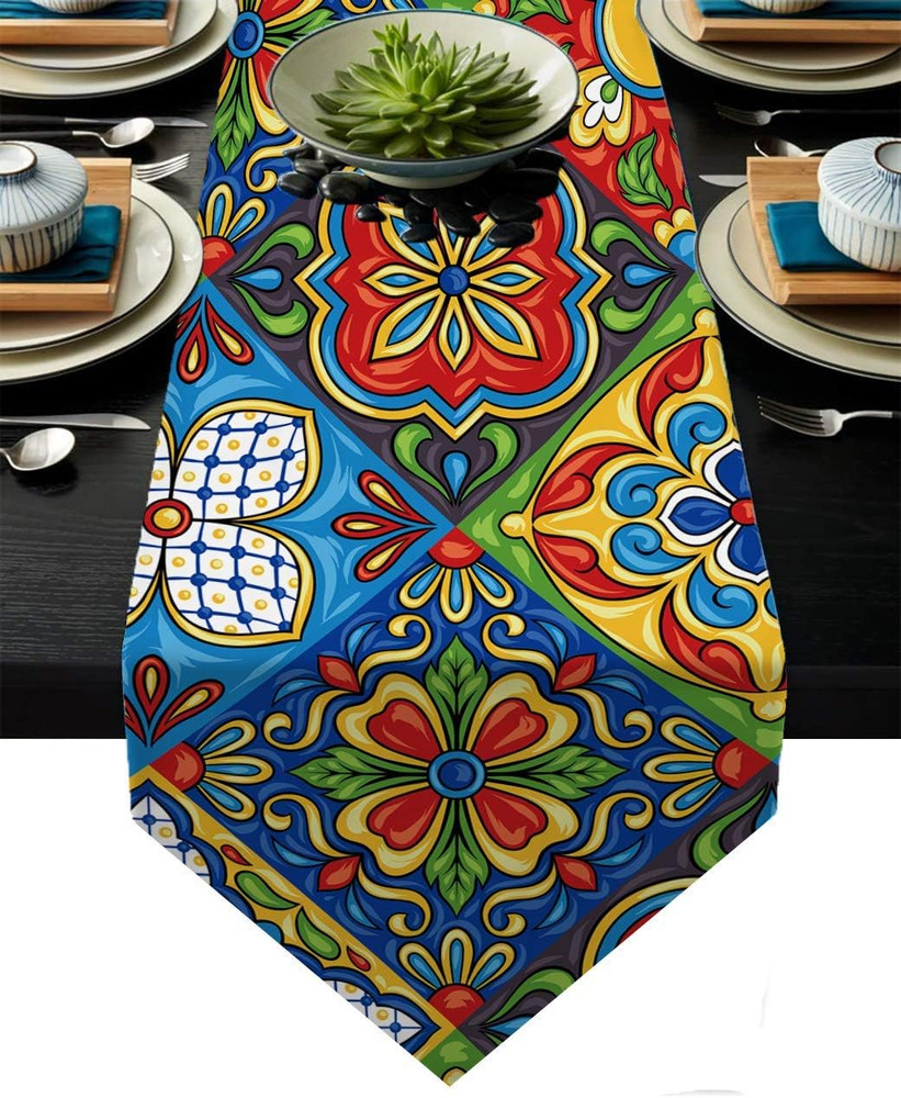 Mexican Talavera Ceramic Tile Pattern Linen Table Runners Dinner Table Setting