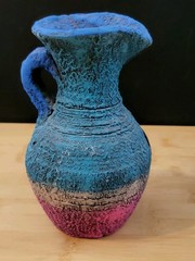 Vtg Black Clay Sand Terracotta Pottery Vase Copper/Brass Flower Trio Of Pitchers