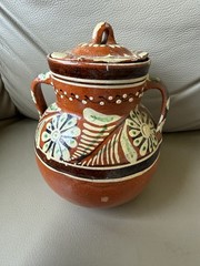 Vintage Terra Cotta Mexican Pot Hand Painted Glazed Kitchen Floral Tonala 6″h