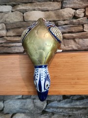 Vintage Mexican Pottery Folk Art Shelf Sitter Diving Duck Bird Armored Brass