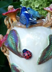 Tall Vase White Hummingbirds Flowers & Ladybug Handmade Tonala Mexico Folk Art