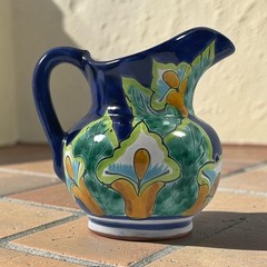 Contemporary Vtg Mexican Talavera Ceramic Pitcher Hand-Painted Dark Blue Floral