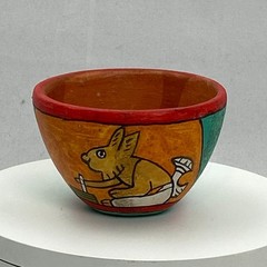 Mexican Tonala Folk Art Bowl Hand Painted Rabbit Signed Belize MAC Small 3″