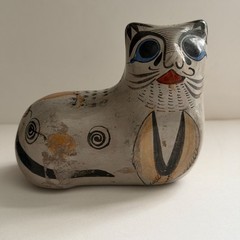 Vintage Set of Two Cat Figurines Tonala Mexico Folk Art Pottery 4 x 3.5″ Signed