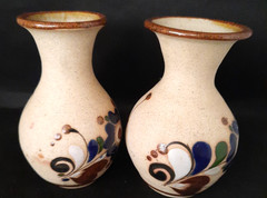 Vintage Pair Of Mexico Folk Art Pottery Tonala Floral Round Vases Signed C.O.