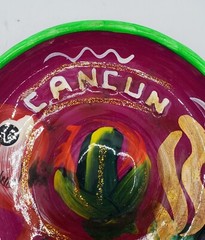 VTG Red Clay Pottery Hat Shape Ashtray Purple Green Cancun Mexico Sombrero 4″D