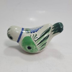 Mexican Pottery Hand Painted Small Bird Figurine Green and Blue 2″ T