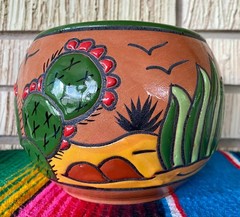 Lg Mexican Ceramic Flower Cactus Pot Planter Folk Art Pottery Handmade Talavera