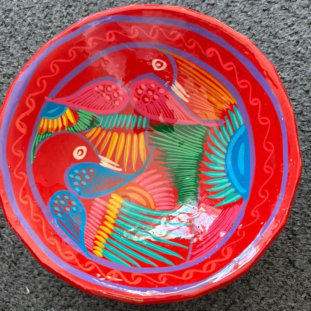 Talavera Mexican Pottery Footed Bowl Bird Floral Hand Painted Vibrant Colors