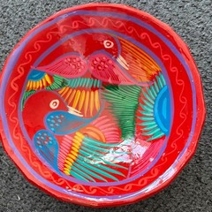 Talavera Mexican Pottery Footed Bowl Bird Floral Hand Painted Vibrant Colors