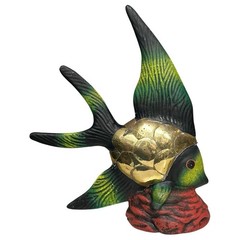 Art Pottery Fish Statue Brass Scales Hand Painted SET OF 2 Angelfish Swordfish
