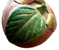 Mexico Burnished Clay Fruit Apple Figurine Terracotta Brass Copper Inlay 70s VTG