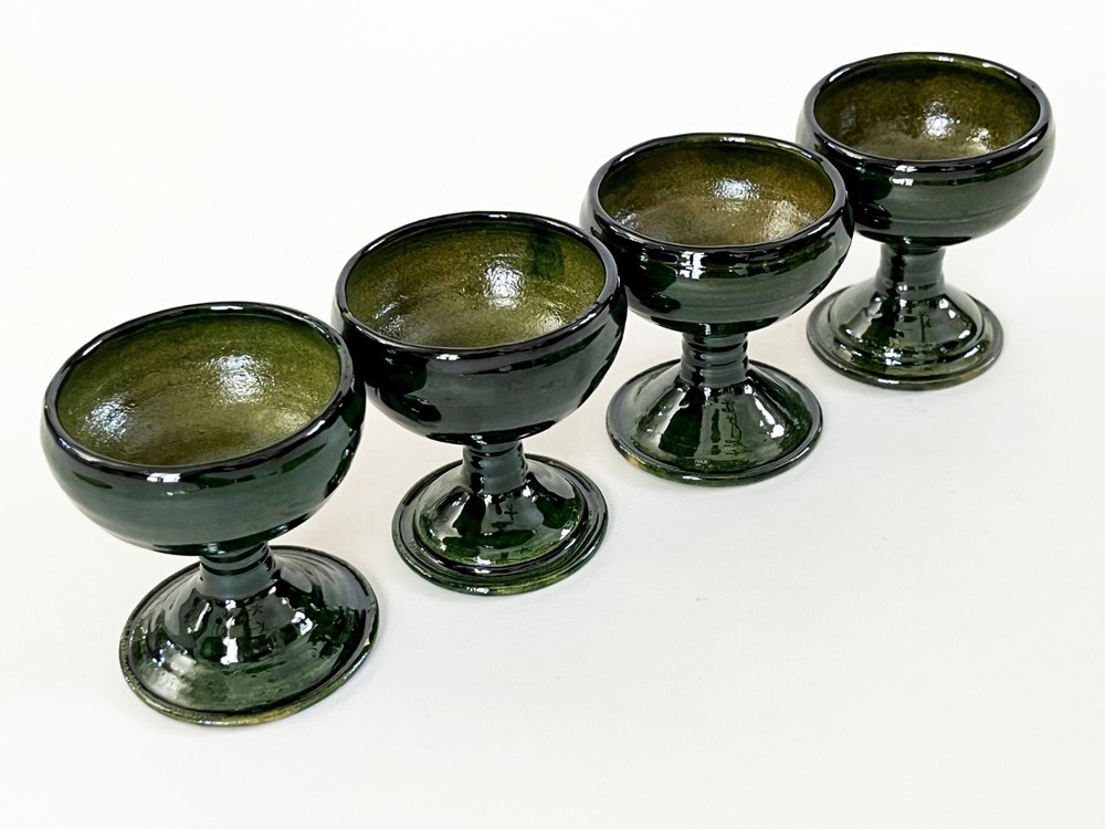 4 MEXICO OAXACA FOLK ART LOZA VERDE GREEN GLAZED CERAMIC MEZCAL COPITA CUP GLASS