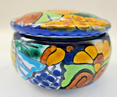 Talavera Mexican Pottery Hand Painted Round Trinket Box With Lid Terracotta 2.5″
