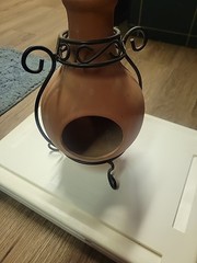 VTG RARE Mexico Talavera Terra Cotta Pottery Table Top Chiminea with Metal Stand
