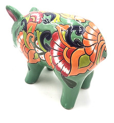 Mexican Folk Art Talavera Pig Pottery Figure Hand Painted Green Multi Color 13×9