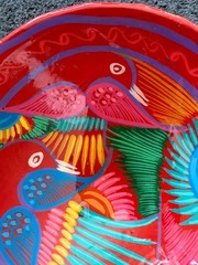 Talavera Mexican Pottery Footed Bowl Bird Floral Hand Painted Vibrant Colors