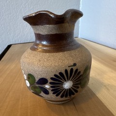 Mexican Handmade Pottery Pitcher Hand Painted Floral Design Signed
