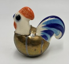 Vintage Mexican Tonala Pottery Rooster Ceramic Hand Painted Blue W Brass Armour