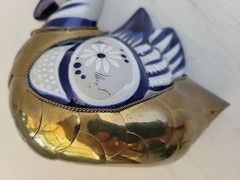 Vintage Tonala Mexico Duck Handmade Painted In Armor Brass and Ceramic