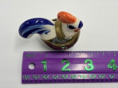 Vintage Mexican Tonala Pottery Rooster Ceramic Hand Painted Blue W Brass Armour