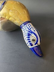 Vintage Mexican Pottery Folk Art Shelf Sitter Diving Duck Bird Armored Brass