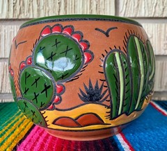 Lg Mexican Ceramic Flower Cactus Pot Planter Folk Art Pottery Handmade Talavera