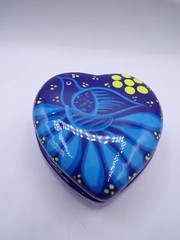 Terracotta Heart Shaped Mexican Folk Art Pottery Blue Trinket Box Hand Painted