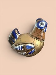 VINTAGE TONALA POTTERY MEXICO BRASS / CERAMIC Bird FIGURINE