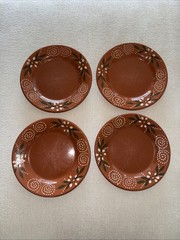 Vintage Mexican Terracotta Salad Plates Set of 4 Barro Rojo Hand Painted Flower
