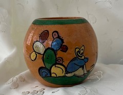 Vintage Tlaquepaque Tecomate Mexico Small Hand Painted Folk Art Round Pot Cactus
