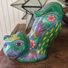 Mexico Talavera STYLE Pottery Green Playful Cat Figurine Hand Painted Folk Art