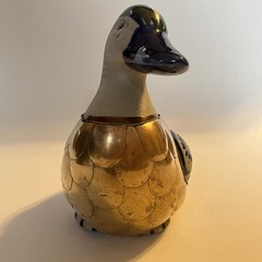 Vtg Tonala Mexico Pottery Duck Figurine Armored Brass Scales Hand Painted 5.5″ H