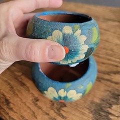 Mexico souvenir pottery hand painted blue set Of 3 tiny Collect Flower Pot Red C