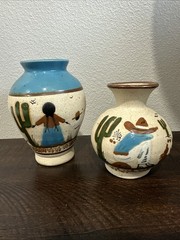 Vtg Tonala Mexican Pottery Vases Set of 2 Hand Painted Sandstone Signed Mexico