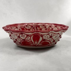 Vintage AIBA Mexico Red Hand Painted Pottery Bowl Scalloped Floral 5.25”