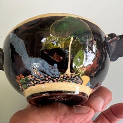 Vintage Mexican Tlaquepaque black cup bowl w/handles armadillo 5 7/8″ wide